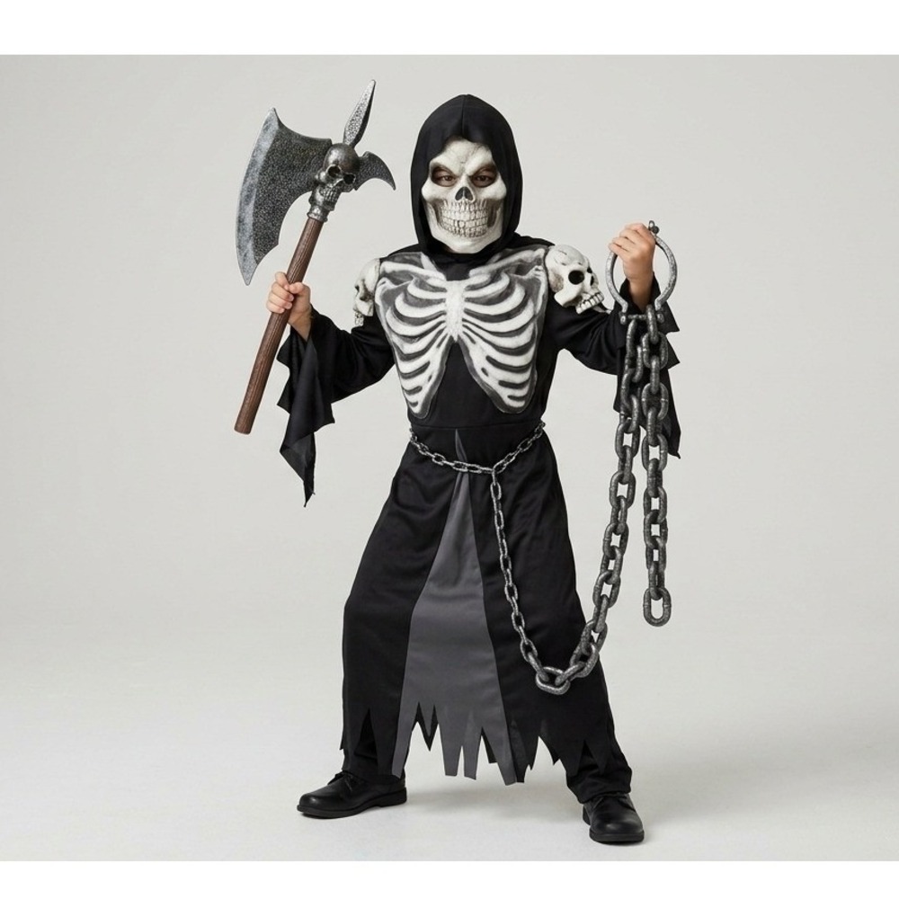 Crypt Keeper Grim Reaper Costume Boy Halloween Dress Up Mask Chains Scary Kid XL